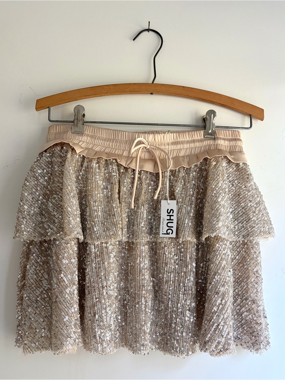SHUG Beige Sequin Tiered Mini Skirt